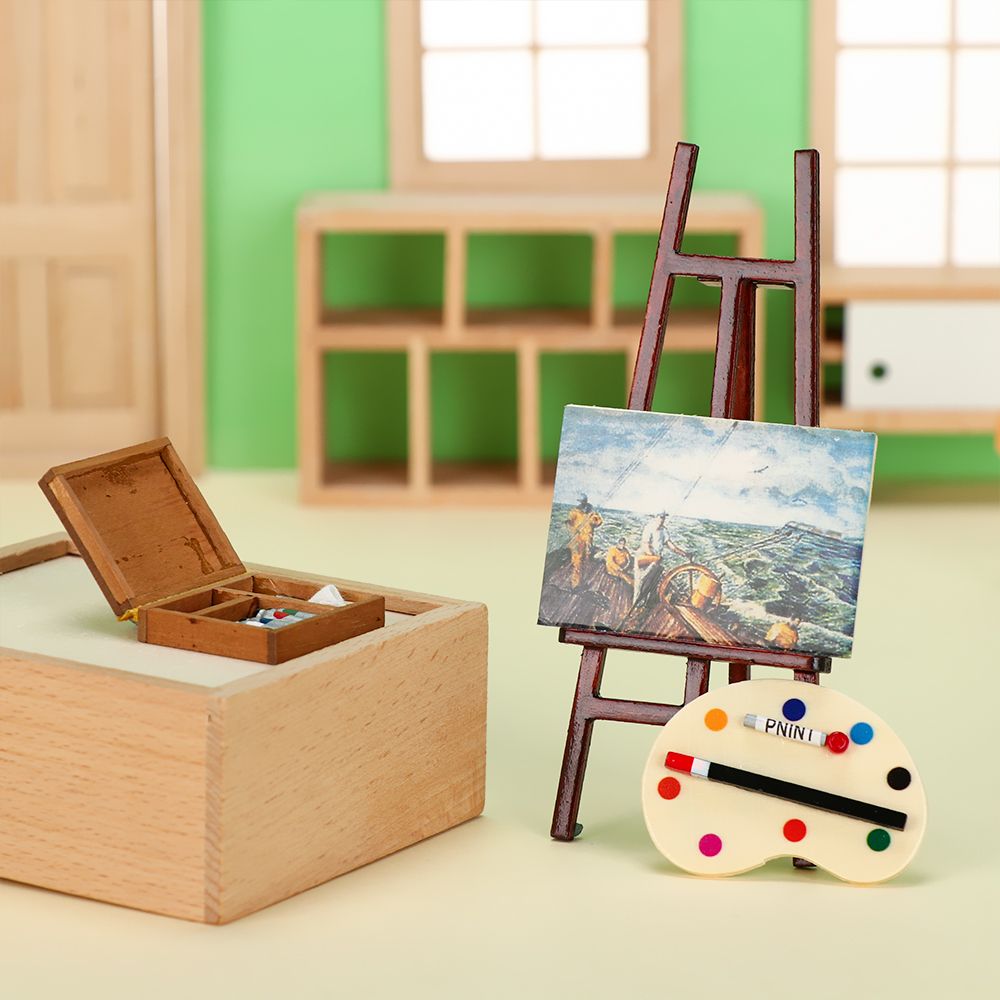 Paint Model Kit - ドールハウス家具ミニチュアイーゼル木製ボックス、製図板、ペイントアーティストペン、DIYモデルセットおもちゃ、ドールハウスアクセサリー、1:12